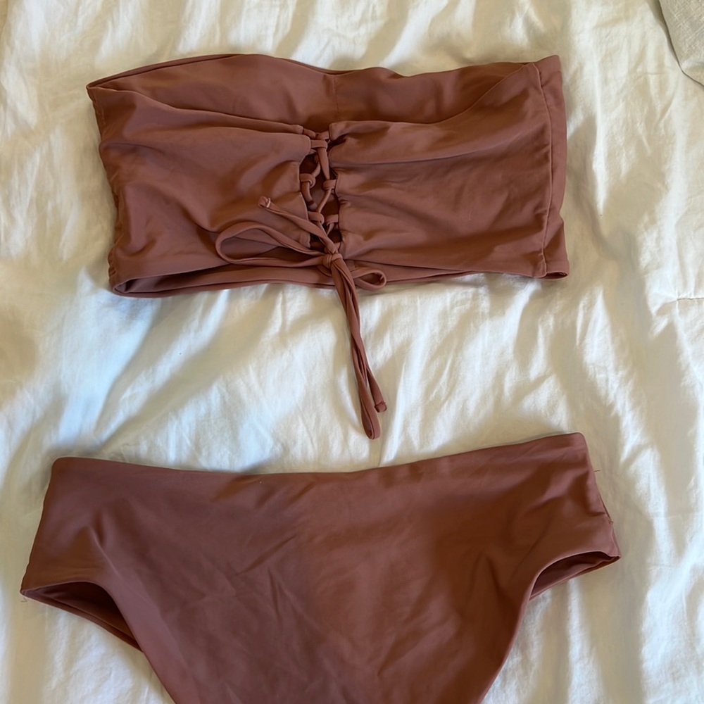 Mauve tie up back, bandeau bikini. High waisted cheeky bottoms
